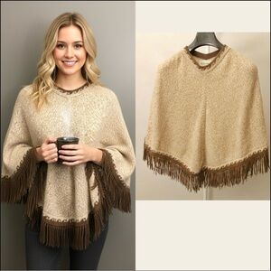 AMARU ALPACA Boho Earthy Brown Beige Pattern with Fringes Cape Poncho Cardigan.